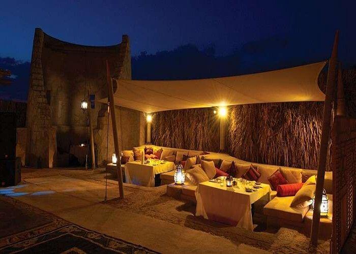 Overnight desert safari camp with tents and desert landscape in Dubai